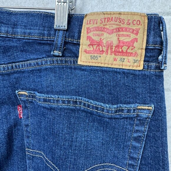 Levis 505 Mens Regular Fit Straight Leg Jeans Dark Blue Denim 42x30 - Picture 7 of 16